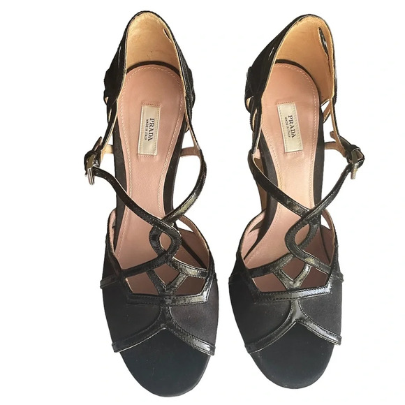 PRADA Black Satin Concho Wedges Sandals Size 5.5 - Picture 1 of 10